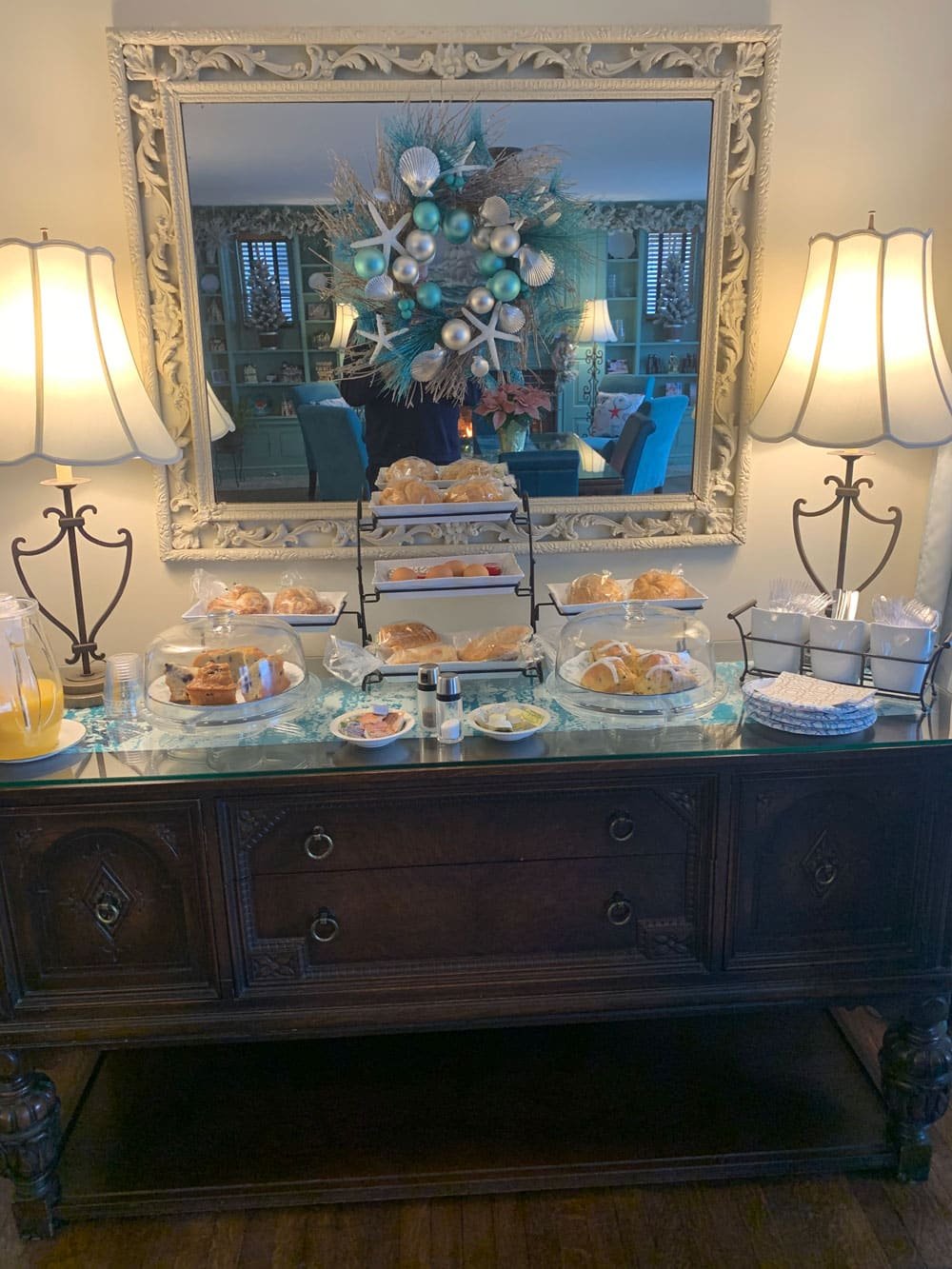 The breakfast sideboard at the Harborview Inn, pastries and fruit set out